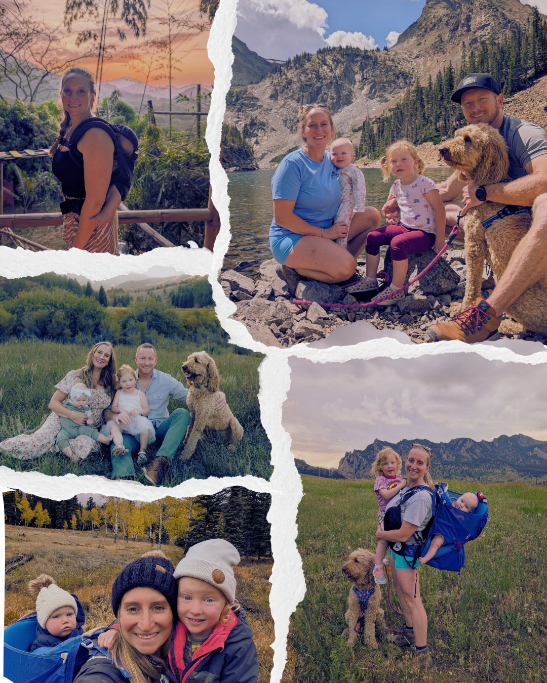 A torn-paper style photo collage of Ellen and her family hiking, camping, and exploring together