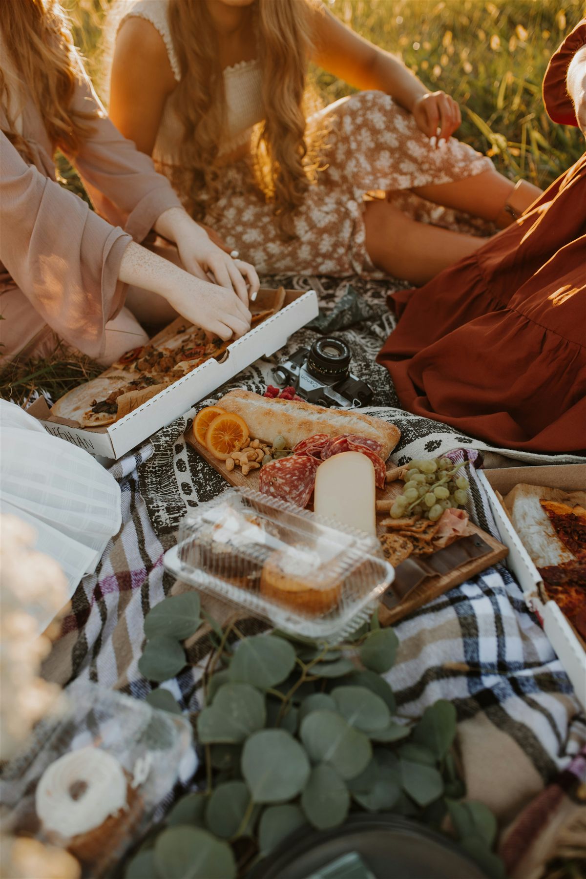 A group of friends sharing a picnic together in a sunlit field